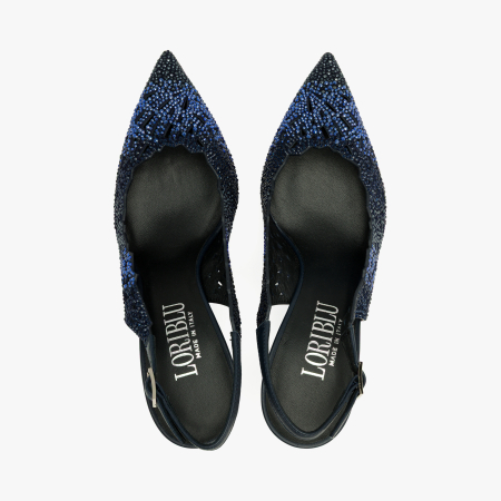 Pantofi Sanda Dama Bleumarin, Piele Naturala Perforata, Slingback cu Strasuri Albastre, Toc Evazat 8 cm, Loriblu 3EL8SB88 [2]