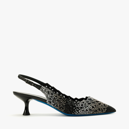Pantofi Sanda Dama Eleganti, Piele Naturala Negru cu Argintiu, Strasuri, Slingback si Toc Evazat 5 cm, Loriblu 3EL5S888 [1]