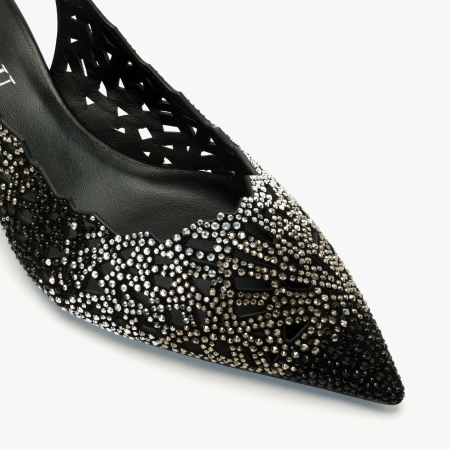 Pantofi Sanda Dama Eleganti, Piele Naturala Negru cu Argintiu, Strasuri, Slingback si Toc Evazat 5 cm, Loriblu 3EL5S888 [3]