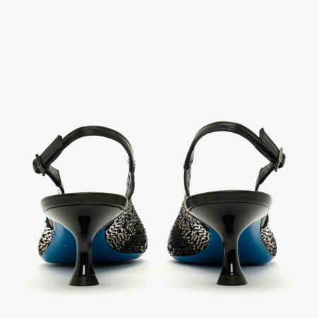 Pantofi Sanda Dama Eleganti, Piele Naturala Negru cu Argintiu, Strasuri, Slingback si Toc Evazat 5 cm, Loriblu 3EL5S888 [4]