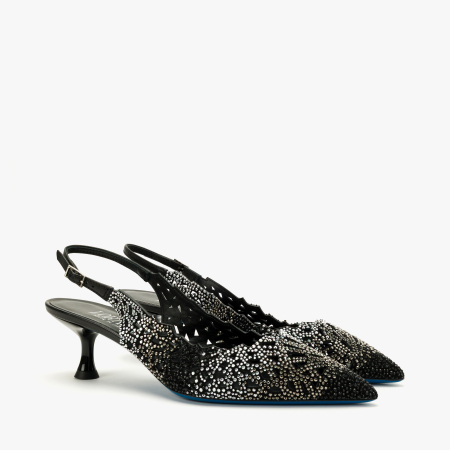 Pantofi Sanda Eleganti - Pantofi Sanda Dama Eleganti, Piele Naturala Negru cu Argintiu, Strasuri, Slingback si Toc Evazat 5 cm, Loriblu 3EL5S888