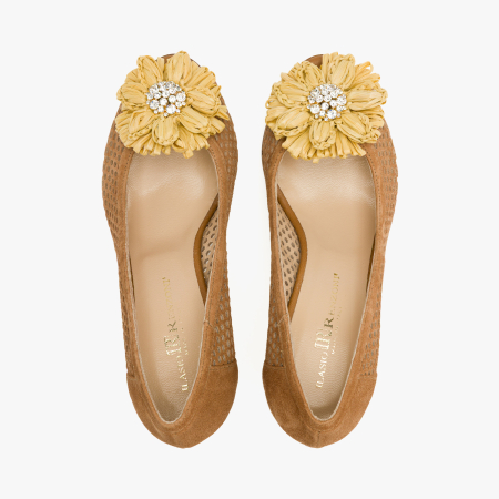 Pantofi Sanda Dama din Piele Naturala Bej, Nabuc Perforat, Varf Decupat Peep-Toe, Aplicatie Florala cu Cristale, Renzoni 4406 [2]