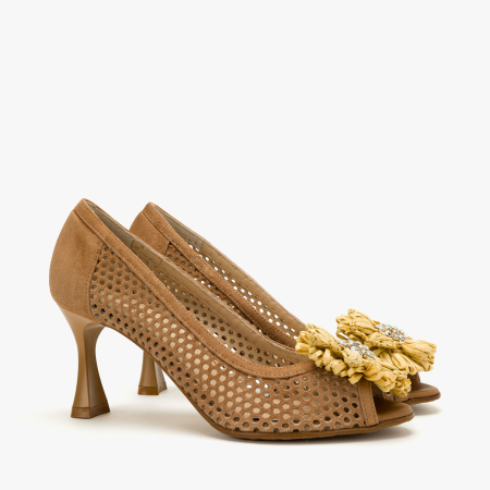 Incaltaminte Dama - Pantofi Sanda Dama din Piele Naturala Bej, Nabuc Perforat, Varf Decupat Peep-Toe, Aplicatie Florala cu Cristale, Renzoni 4406