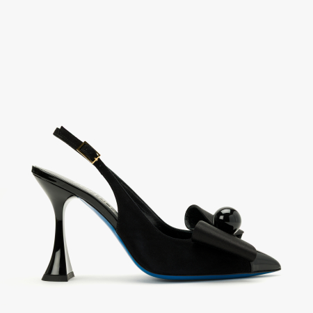 Pantofi Sanda Dama Eleganti, Culoare Negru, Piele Intoarsa si Lac, Funda Supradimensionata, Aplicatie Sferica, Toc Sculptural 10 cm, Loriblu 6EYSR291 [1]