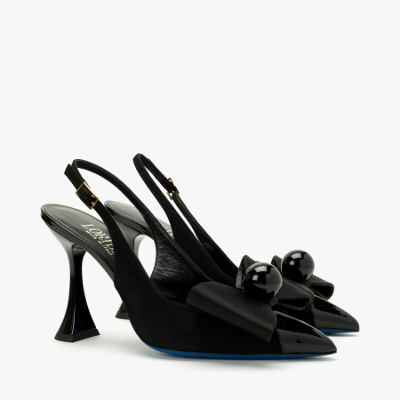Pantofi Sanda Eleganti - Pantofi Sanda Dama Eleganti, Culoare Negru, Piele Intoarsa si Lac, Funda Supradimensionata, Aplicatie Sferica, Toc Sculptural 10 cm, Loriblu 6EYSR291