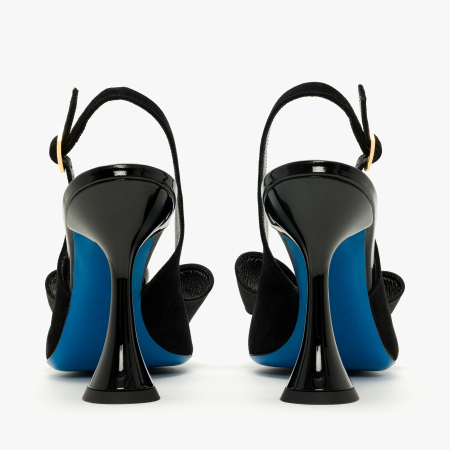 Pantofi Sanda Dama Eleganti, Culoare Negru, Piele Intoarsa si Lac, Funda Supradimensionata, Aplicatie Sferica, Toc Sculptural 10 cm, Loriblu 6EYSR291 [4]