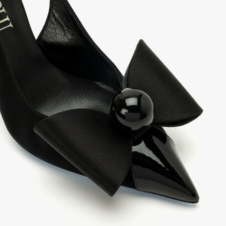 Pantofi Sanda Dama Eleganti, Culoare Negru, Piele Intoarsa si Lac, Funda Supradimensionata, Aplicatie Sferica, Toc Sculptural 10 cm, Loriblu 6EYSR291 [3]