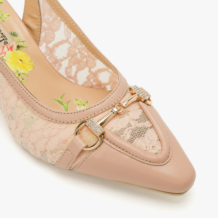 Pantofi Sanda Dama, Eleganti, Piele Naturala Crem, Insertii din Dantela, Bareta Slingback Reglabila, Toc Gros Geometric 6 cm, Renzoni 8339 [3]