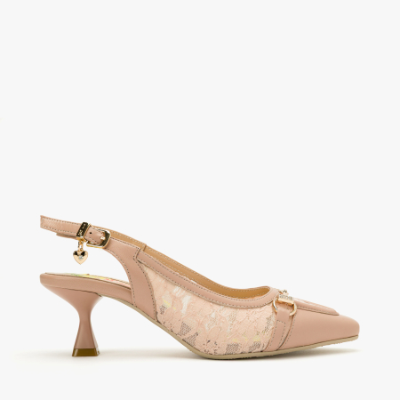 Pantofi Sanda Dama, Eleganti, Piele Naturala Crem, Insertii din Dantela, Bareta Slingback Reglabila, Toc Gros Geometric 6 cm, Renzoni 8339 [1]