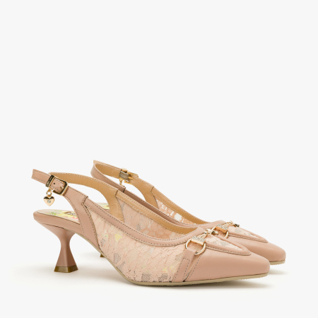 Incaltaminte Dama - Pantofi Sanda Dama, Eleganti, Piele Naturala Crem, Insertii din Dantela, Bareta Slingback Reglabila, Toc Gros Geometric 6 cm, Renzoni 8339