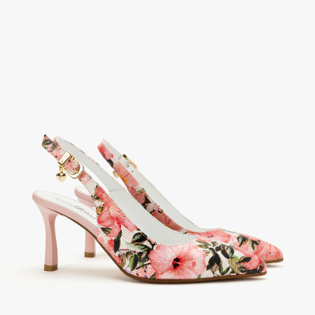 Incaltaminte Dama - Pantofi Sanda Dama, Eleganti, Piele Naturala cu Imprimeu Floral Multicolor, Slingback cu Toc Subtire 7 cm si Varf Ascutit, Renzoni 8496