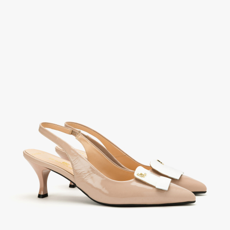 Incaltaminte Dama - Pantofi Sanda Dama Eleganti, Piele Naturala Lacuita Bej, Slingback cu Toc Comod 6 cm si Varf Ascutit, Renzoni 11356056