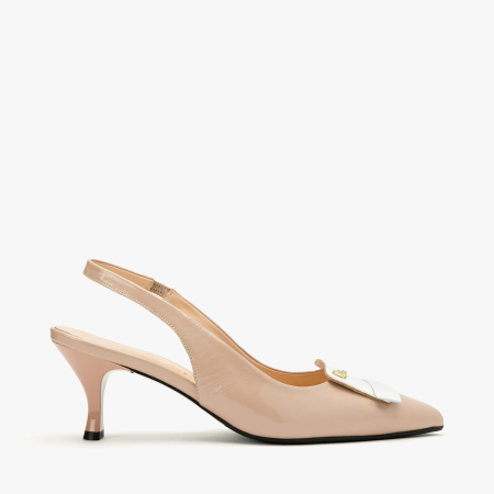 Pantofi Sanda Dama Eleganti, Piele Naturala Lacuita Bej, Slingback cu Toc Comod 6 cm si Varf Ascutit, Renzoni 11356056 [1]