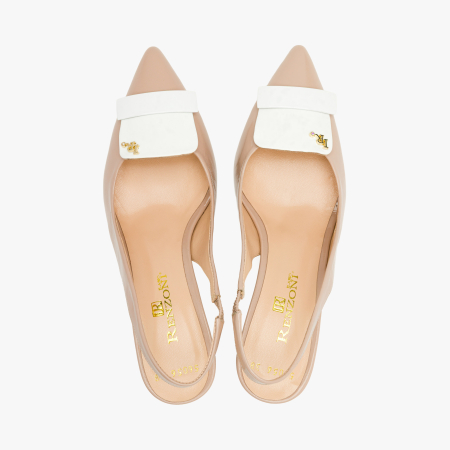 Pantofi Sanda Dama Eleganti, Piele Naturala Lacuita Bej, Slingback cu Toc Comod 6 cm si Varf Ascutit, Renzoni 11356056 [2]