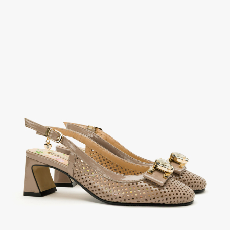Incaltaminte Dama - Pantofi Sanda Dama, Eleganti, Piele Naturala Lacuita, Culoare Crem, Slingback Reglabil, Toc Stabil 6 cm, Renzoni 8335