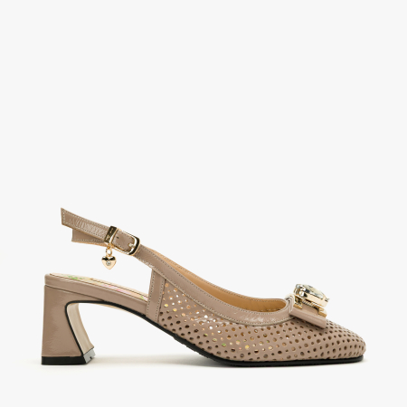 Pantofi Sanda Dama, Eleganti, Piele Naturala Lacuita, Culoare Crem, Slingback Reglabil, Toc Stabil 6 cm, Renzoni 8335 [1]