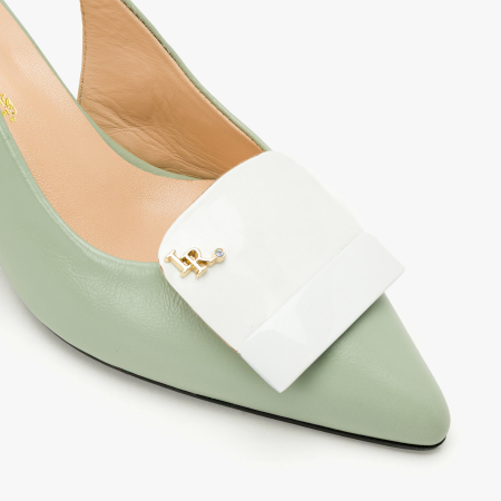 Pantofi Sanda Dama, Eleganti, Piele Naturala Lacuita, Vernil, Varf Ascutit, Aplicatie Frontala cu Logo Auriu, Renzoni 11356056 [3]