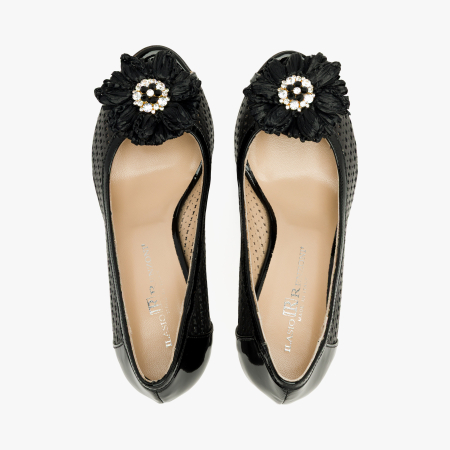 Pantofi Sanda Dama, Eleganti, Piele Naturala, Negru, Perforat Tip Plasa, Varf Decupat, Toc 7 cm, Renzoni 4406 [2]