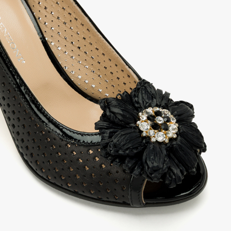 Pantofi Sanda Dama, Eleganti, Piele Naturala, Negru, Perforat Tip Plasa, Varf Decupat, Toc 7 cm, Renzoni 4406 [3]