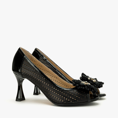 Incaltaminte Dama - Pantofi Sanda Dama, Eleganti, Piele Naturala, Negru, Perforat Tip Plasa, Varf Decupat, Toc 7 cm, Renzoni 4406