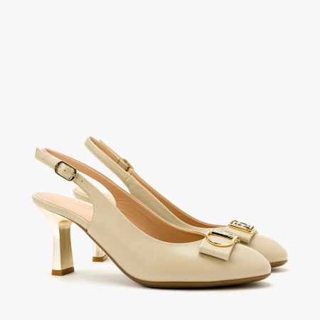 Pantofi Sanda Eleganti - Pantofi Sanda Dama Grej, Piele Naturala, Slingback, Toc Evazat Auriu 7 cm, Accesoriu cu Cristale, Angelo Giannini 5340