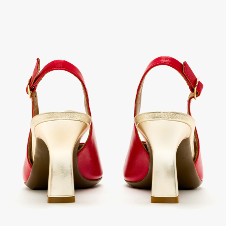 Pantofi Sanda Dama Rosii, Piele Naturala, Slingback, Varf Ascutit, Toc Evazat Auriu 8 cm, Angelo Giannini 5252 [4]