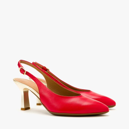 Pantofi Sanda Eleganti - Pantofi Sanda Dama Rosii, Piele Naturala, Slingback, Varf Ascutit, Toc Evazat Auriu 8 cm, Angelo Giannini 5252