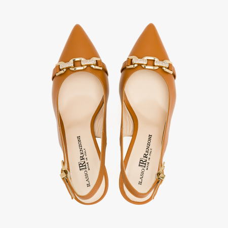 Pantofi Sanda Dama Eleganti, Piele Naturala Havan, Varf Ascutit (Pointed Toe), Accesoriu Metalic Auriu, Toc Subtire 7 cm, Renzoni 8426 [2]