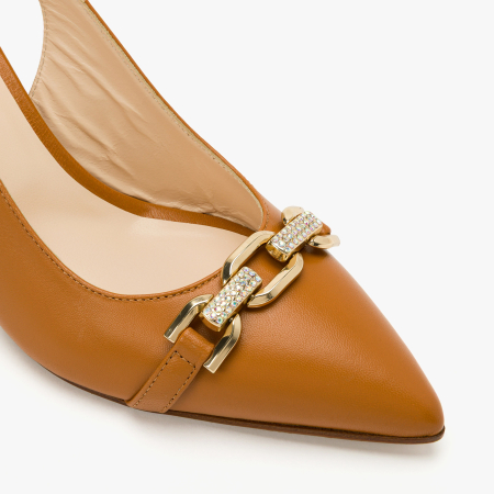 Pantofi Sanda Dama Eleganti, Piele Naturala Havan, Varf Ascutit (Pointed Toe), Accesoriu Metalic Auriu, Toc Subtire 7 cm, Renzoni 8426 [3]
