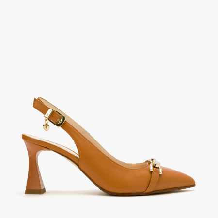 Pantofi Sanda Dama Eleganti, Piele Naturala Havan, Varf Ascutit (Pointed Toe), Accesoriu Metalic Auriu, Toc Subtire 7 cm, Renzoni 8426 [1]