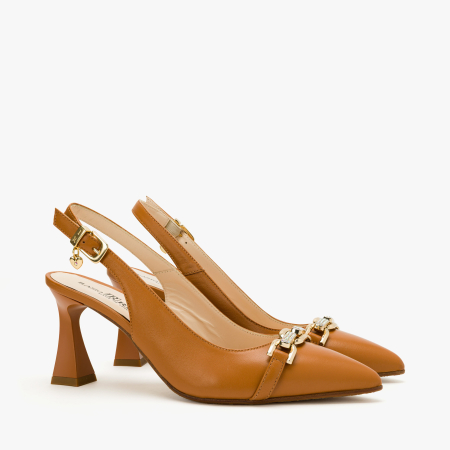 Incaltaminte Dama - Pantofi Sanda Dama Eleganti, Piele Naturala Havan, Varf Ascutit (Pointed Toe), Accesoriu Metalic Auriu, Toc Subtire 7 cm, Renzoni 8426