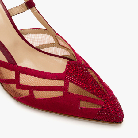 Pantofi Sanda Dama, Eleganti, Piele Intoarsa Rosie, Plasa Transparenta Mesh, Cristale Fine, Toc Subtire 8 cm, Renzoni 8422 [3]