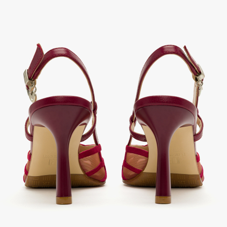 Pantofi Sanda Dama, Eleganti, Piele Intoarsa Rosie, Plasa Transparenta Mesh, Cristale Fine, Toc Subtire 8 cm, Renzoni 8422 [4]