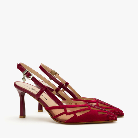 Incaltaminte Dama - Pantofi Sanda Dama, Eleganti, Piele Intoarsa Rosie, Plasa Transparenta Mesh, Cristale Fine, Toc Subtire 8 cm, Renzoni 8422