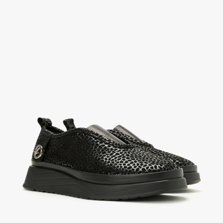 Incaltaminte Dama - Pantofi Slip-On Damă, Negru Ștanțat, Finisaj Lucios Tip Reptilă, LAB Milano by Renzoni 794LAB600