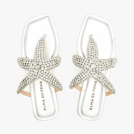 Papuci Damă Argintii Casual-Eleganți cu Cristale, Talpă Joasă Flatform 1 cm, Piele Ecologică, Alma en Pena 251973 [2]