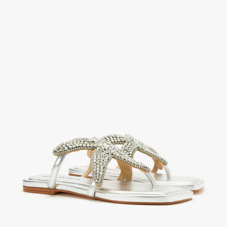 Papuci Dama - Papuci Damă Argintii Casual-Eleganți cu Cristale, Talpă Joasă Flatform 1 cm, Piele Ecologică, Alma en Pena 251973