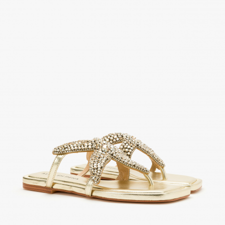 Incaltaminte Dama - Papuci Damă Casual-Eleganți Aurii cu Cristale Tip Stea de Mare, Talpă Plată 1 cm, Vară, Alma en Pena 251973