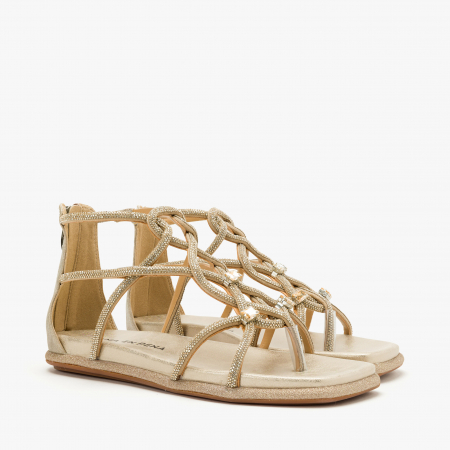 Sandale Dama Elegante - Sandale Damă Casual/Elegant, Culoare Auriu cu Șnur din Cristale și Talpă Ortopedică Joasă, Alma en Pena 2551604
