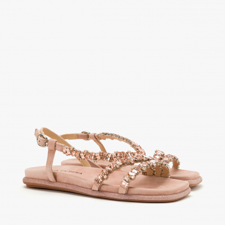 Sandale Dama Elegante - Sandale Damă Casual/Elegant Cupru, Piele Intoarsa cu Cristale și Bordură cu Sclipici, Talpă Joasă, Alma en Pena 251614