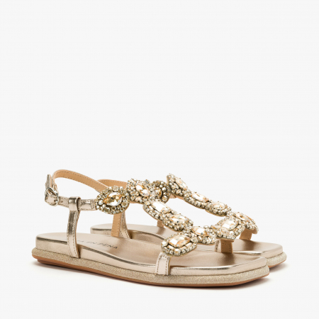 Sandale Dama Elegante - Sandale Dama Casual/Elegant din Piele Bronz cu Cristale Mari și Talpă Flat de 1 cm, Alma en Pena 251601