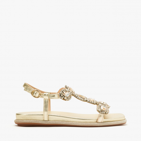 Sandale Damă Casual/Elegant, Piele Aurie, Cristale Luxuriante și Talpă Flatt, Alma en Pena 251601 [1]