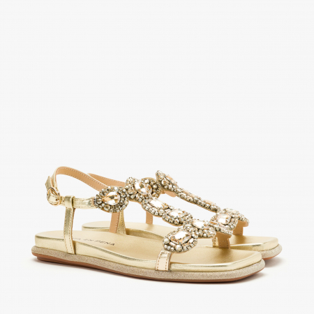 Sandale Dama Elegante - Sandale Damă Casual/Elegant, Piele Aurie, Cristale Luxuriante și Talpă Flatt, Alma en Pena 251601