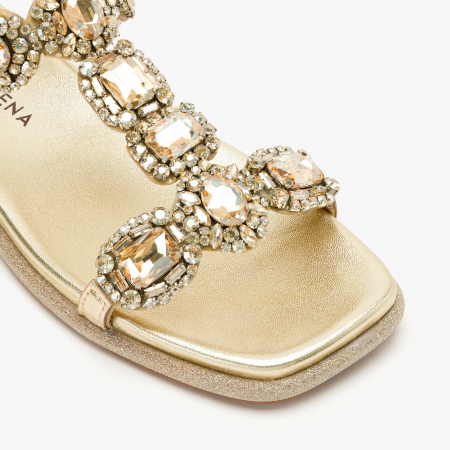 Sandale Damă Casual/Elegant, Piele Aurie, Cristale Luxuriante și Talpă Flatt, Alma en Pena 251601 [3]