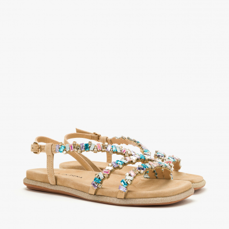 Incaltaminte Dama - Sandale Dama Casual/Elegante Aurii din Piele Intoarsă, Cristale Multicolore și Bordură cu Sclipici, Alma en Pena 251614