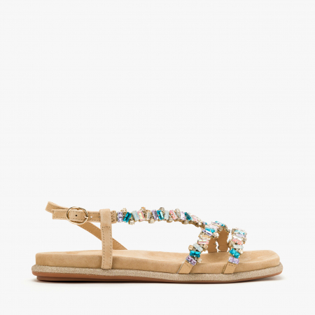 Sandale Dama Casual/Elegante Aurii din Piele Intoarsă, Cristale Multicolore și Bordură cu Sclipici, Alma en Pena 251614 [1]