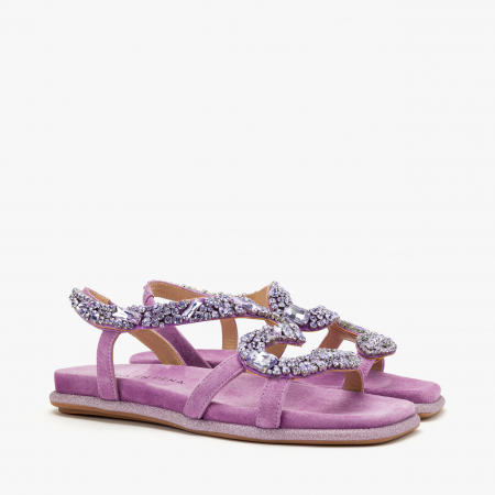 Sandale Dama Elegante - Sandale Damă Casual-Elegante Mov din Piele cu Cristale și Bordură Sclipitoare, Alma en Pena 251605