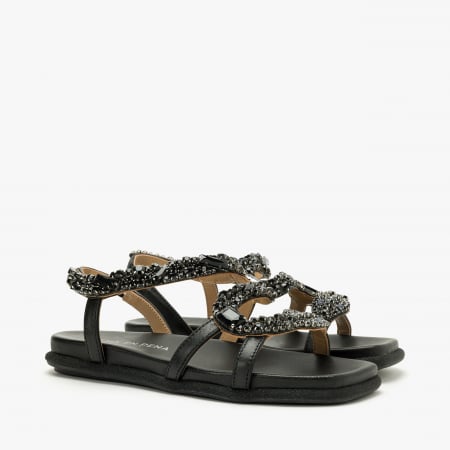 Incaltaminte Dama - Sandale Damă Casual/Elegante, Negru, Bordură cu Sclipici, Talpă Flatt, Alma en Pena 251605