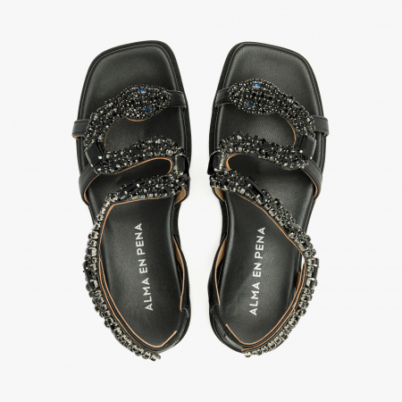 Sandale Damă Casual/Elegante, Negru, Bordură cu Sclipici, Talpă Flatt, Alma en Pena 251605 [2]