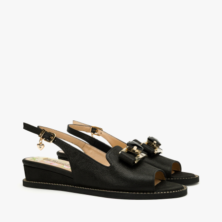 Incaltaminte Dama - Sandale Dama Casual-Elegante, Piele Naturala, Nabuc Negru, Talpa Ortopedica si Aplicatie Cristal Negru, Bareta Reglabila, Renzoni 8338